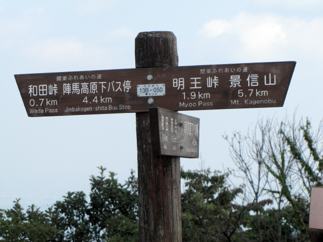 陣馬山頂の標識。「明王峠1.9km、景信山5.7km」