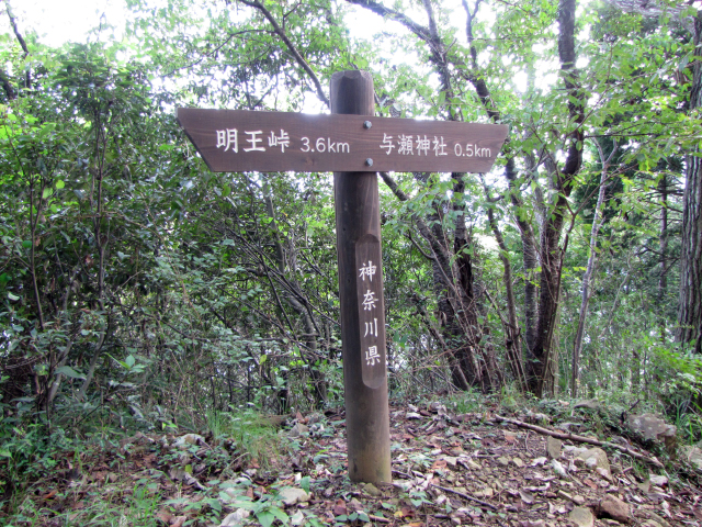 相模湖への登山道に立つ標識には「←明王峠3.6km　与瀬神社0.5km→」とあります