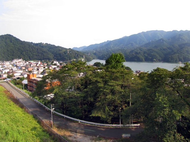 樹々のあいだから見える相模湖と街。
