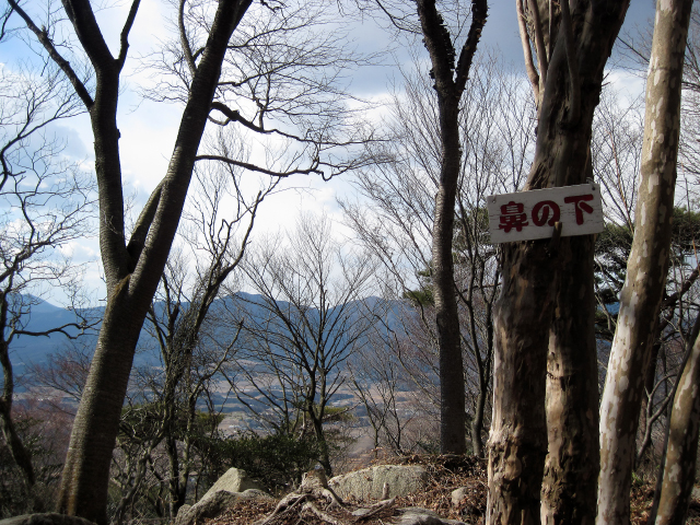 木の幹にくくりつけられた「鼻の下」の木板。その遠景には筑波山稜が見えます。